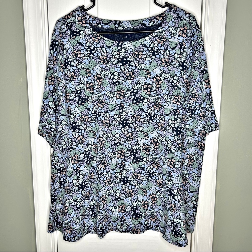 J. Jill Floral Elbow Sleeve Top Soft Navy Multicolor Print Crew Neck Relaxed 2X